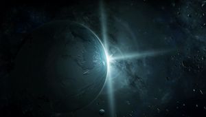 Preview wallpaper planet, flash, light, asteroids, space