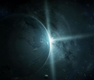 Preview wallpaper planet, flash, light, asteroids, space