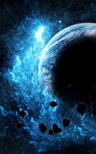 Preview wallpaper planet, glow, asteroids, flash, bright, space