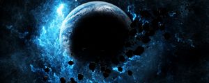 Preview wallpaper planet, glow, asteroids, flash, bright, space