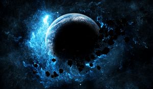 Preview wallpaper planet, glow, asteroids, flash, bright, space
