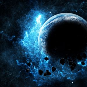 Preview wallpaper planet, glow, asteroids, flash, bright, space