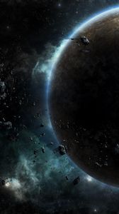 Preview wallpaper planet, glow, asteroids, space, universe