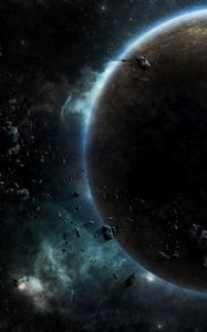 Preview wallpaper planet, glow, asteroids, space, universe