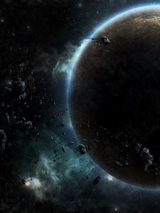 Preview wallpaper planet, glow, asteroids, space, universe