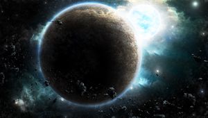 Preview wallpaper planet, glow, asteroids, space, universe