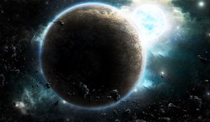 Preview wallpaper planet, glow, asteroids, space, universe