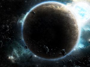 Preview wallpaper planet, glow, asteroids, space, universe