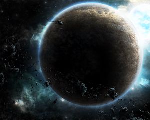 Preview wallpaper planet, glow, asteroids, space, universe