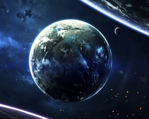 Preview wallpaper planet, lights, space, stars, glare, sparks