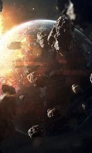 Preview wallpaper planet, meteorite, stones, glow