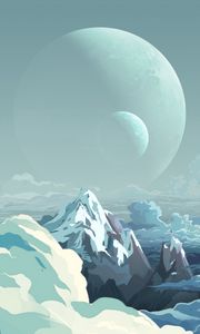 Preview wallpaper planet, mountains, art, clouds, peaks