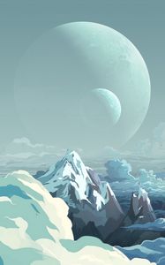 Preview wallpaper planet, mountains, art, clouds, peaks