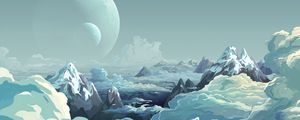 Preview wallpaper planet, mountains, art, clouds, peaks