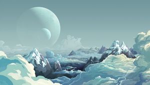Preview wallpaper planet, mountains, art, clouds, peaks