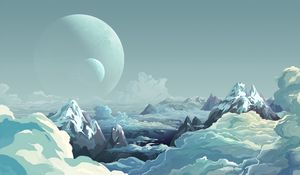 Preview wallpaper planet, mountains, art, clouds, peaks