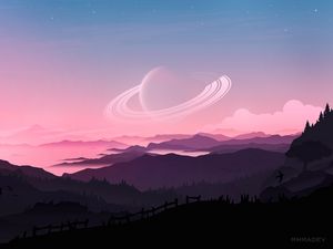 Preview wallpaper planet, mountains, distance, art