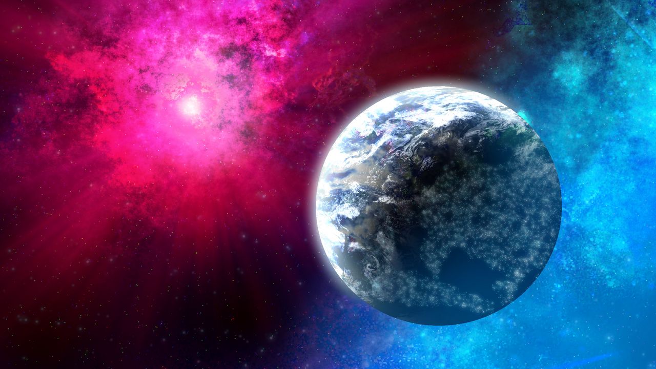 Wallpaper planet, rays, space, stars