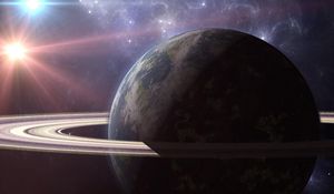 Preview wallpaper planet, ring, light, rays, nebula