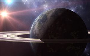 Preview wallpaper planet, ring, light, rays, nebula