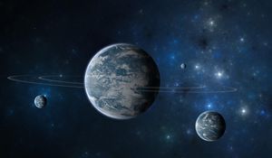 Preview wallpaper planet, ring, moon, stars, galaxies