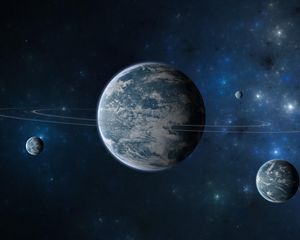 Preview wallpaper planet, ring, moon, stars, galaxies