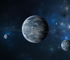 Preview wallpaper planet, ring, moon, stars, galaxies