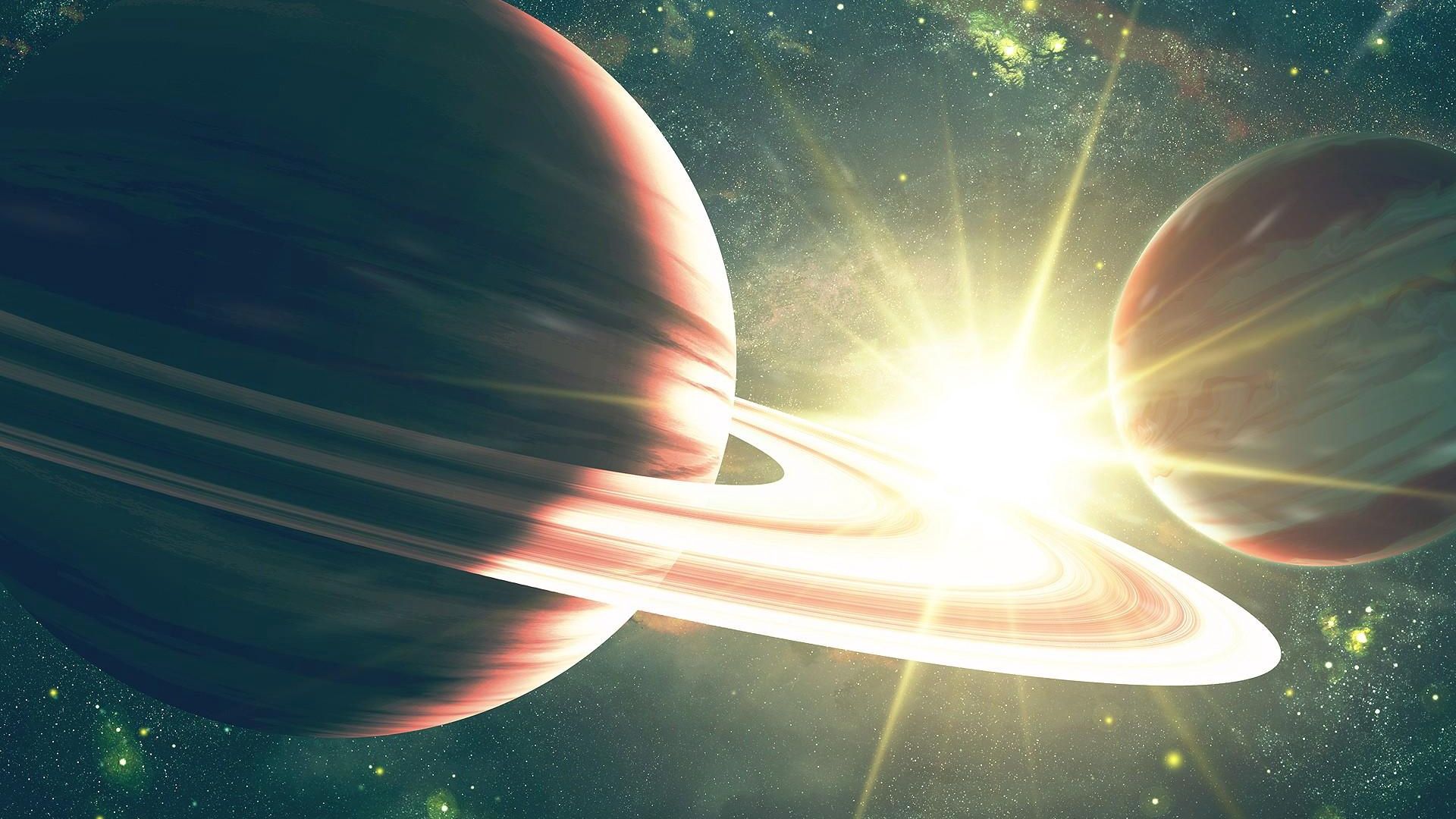 Download wallpaper 1920x1080 planet, ring, space, light, rays full hd