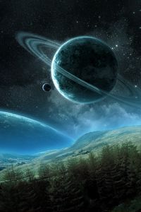 Preview wallpaper planet, saturn, satellite, rings, space, night