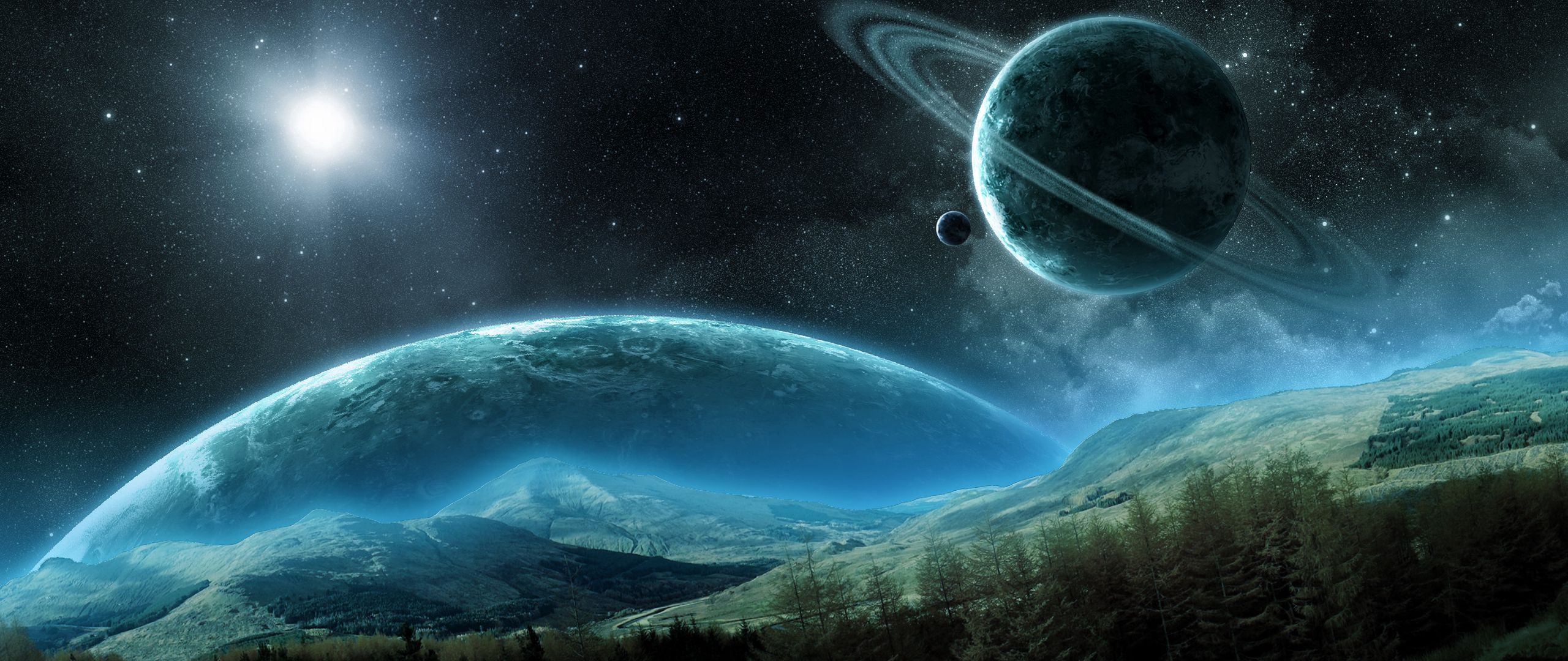 Download wallpaper 2560x1080 planet, saturn, satellite, rings, space, night dual  wide 1080p hd background