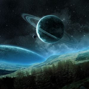 Preview wallpaper planet, saturn, satellite, rings, space, night