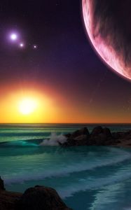 Preview wallpaper planet, sea, surf, sunset, art, rocks