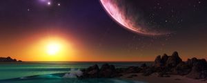 Preview wallpaper planet, sea, surf, sunset, art, rocks