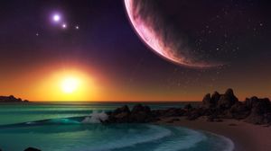 Preview wallpaper planet, sea, surf, sunset, art, rocks