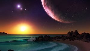 Preview wallpaper planet, sea, surf, sunset, art, rocks