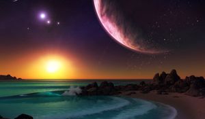 Preview wallpaper planet, sea, surf, sunset, art, rocks