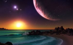 Preview wallpaper planet, sea, surf, sunset, art, rocks