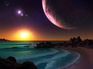 Preview wallpaper planet, sea, surf, sunset, art, rocks