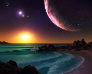 Preview wallpaper planet, sea, surf, sunset, art, rocks