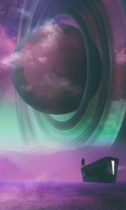 Preview wallpaper planet, silhouette, spaceship, art, fantasy, space
