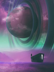 Preview wallpaper planet, silhouette, spaceship, art, fantasy, space