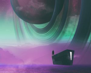 Preview wallpaper planet, silhouette, spaceship, art, fantasy, space