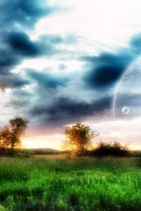 Preview wallpaper planet, sky, trees, field, grass