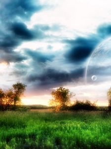 Preview wallpaper planet, sky, trees, field, grass