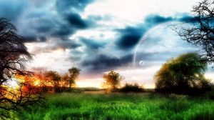Preview wallpaper planet, sky, trees, field, grass