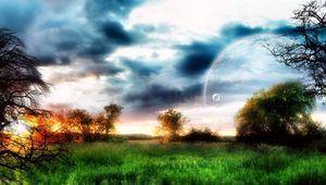 Preview wallpaper planet, sky, trees, field, grass