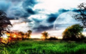 Preview wallpaper planet, sky, trees, field, grass