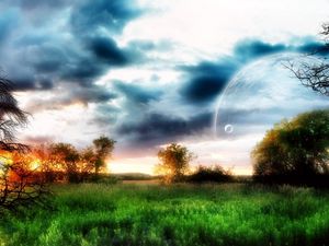 Preview wallpaper planet, sky, trees, field, grass