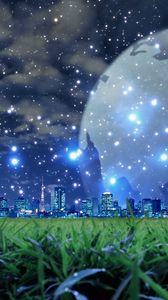 Preview wallpaper planet, snow, city, night, grass