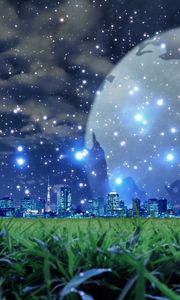 Preview wallpaper planet, snow, city, night, grass